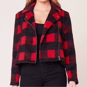 Jack by BB Dakota Bell Behaved Red and Black Plaid Moto Jacket